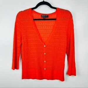 JONES NEW YORK V-Neck Knit Ribbed Trim 3/4 Sleeve Cardigan in Orange Size Small